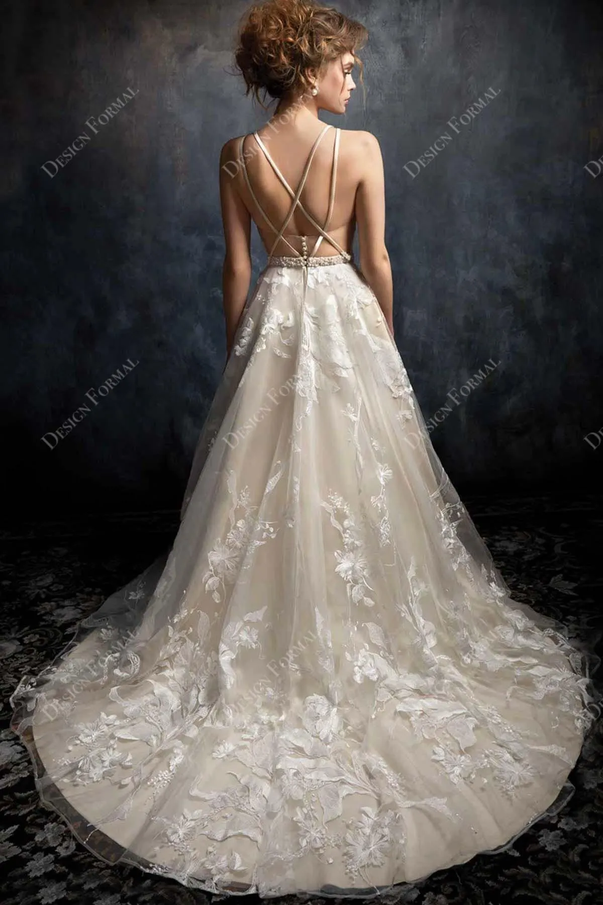 Custom Plunging Sleeveless Lace Champagne Made-to-Order Long Wedding Dress