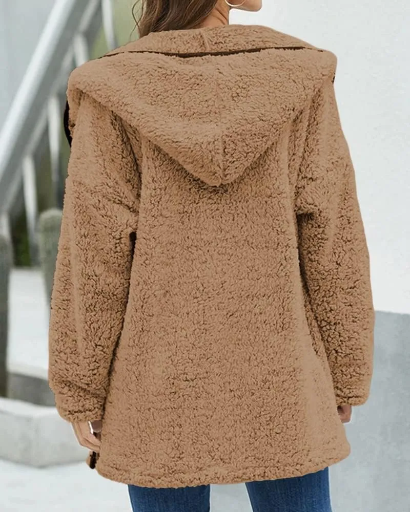 Danedvi Womens Hooded Sherpa Fleece Jacket Oversized Contrast Color Fuzzy Coat Faux Fur Winter Warm Outerwear