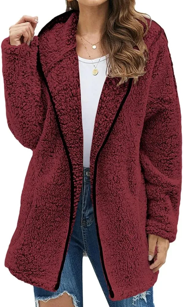 Danedvi Womens Hooded Sherpa Fleece Jacket Oversized Contrast Color Fuzzy Coat Faux Fur Winter Warm Outerwear