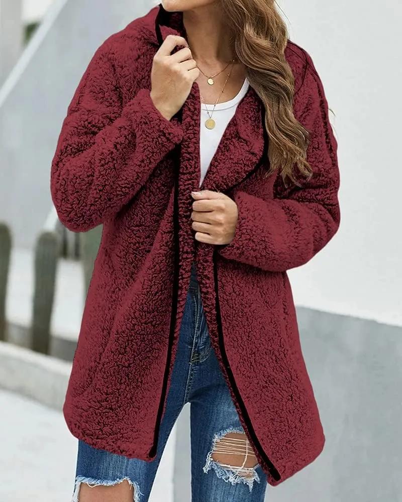 Danedvi Womens Hooded Sherpa Fleece Jacket Oversized Contrast Color Fuzzy Coat Faux Fur Winter Warm Outerwear
