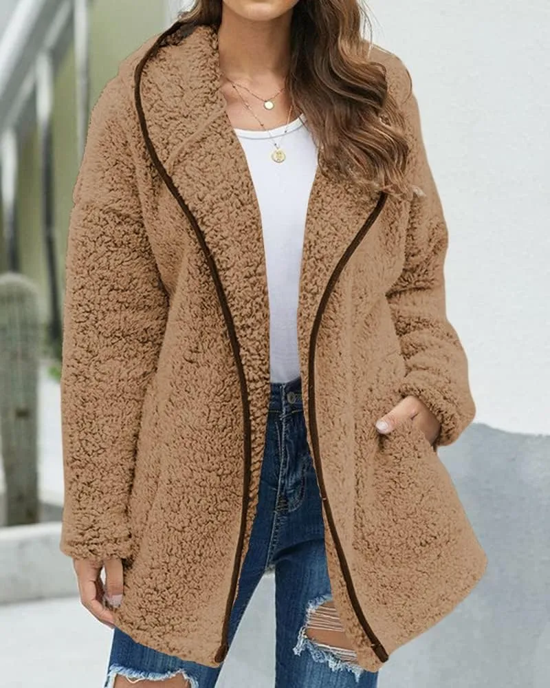Danedvi Womens Hooded Sherpa Fleece Jacket Oversized Contrast Color Fuzzy Coat Faux Fur Winter Warm Outerwear