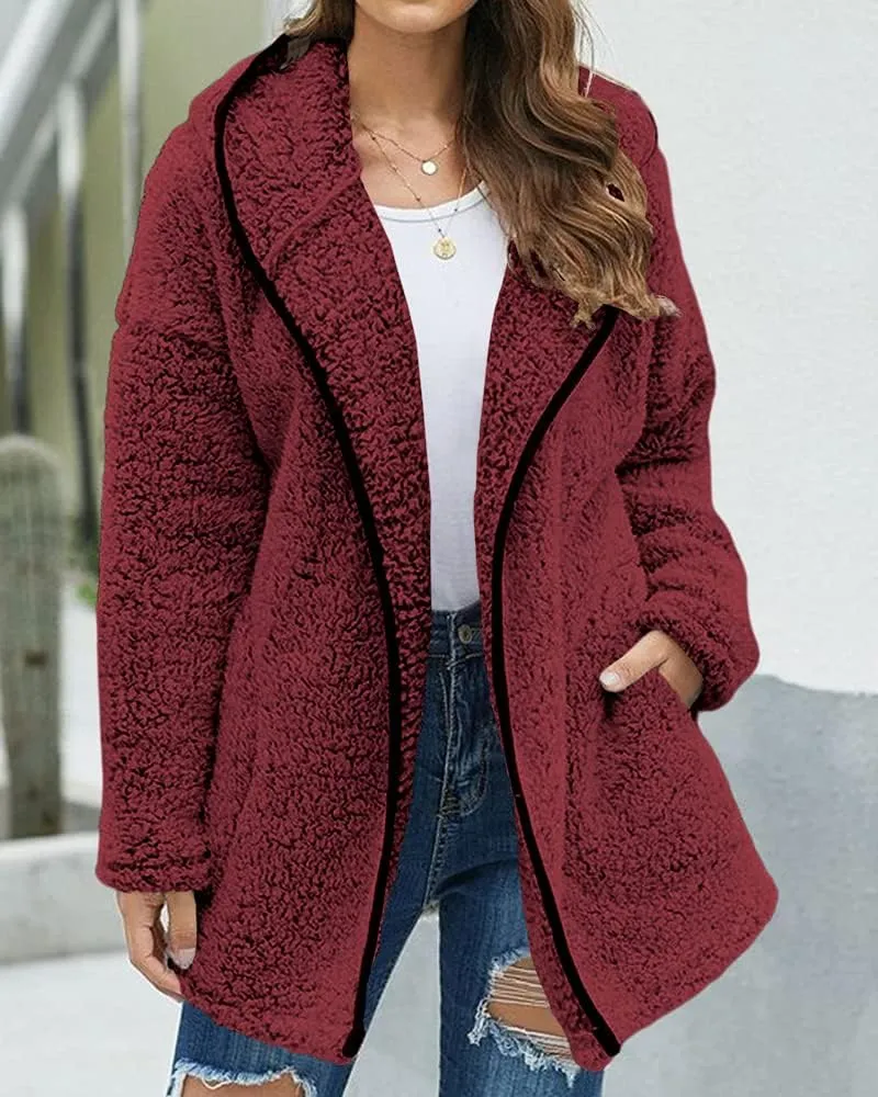 Danedvi Womens Hooded Sherpa Fleece Jacket Oversized Contrast Color Fuzzy Coat Faux Fur Winter Warm Outerwear