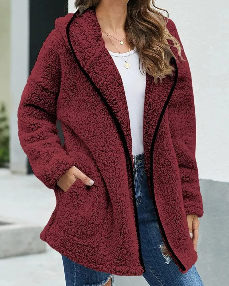 Danedvi Womens Hooded Sherpa Fleece Jacket Oversized Contrast Color Fuzzy Coat Faux Fur Winter Warm Outerwear