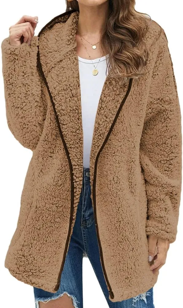 Danedvi Womens Hooded Sherpa Fleece Jacket Oversized Contrast Color Fuzzy Coat Faux Fur Winter Warm Outerwear