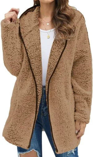 Danedvi Womens Hooded Sherpa Fleece Jacket Oversized Contrast Color Fuzzy Coat Faux Fur Winter Warm Outerwear