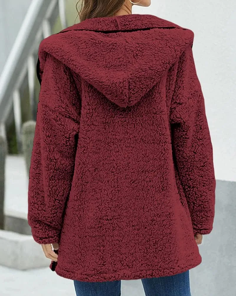 Danedvi Womens Hooded Sherpa Fleece Jacket Oversized Contrast Color Fuzzy Coat Faux Fur Winter Warm Outerwear