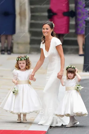 Elegant Satin Half Sleeves Custom Tea Length Flower Girl Dress