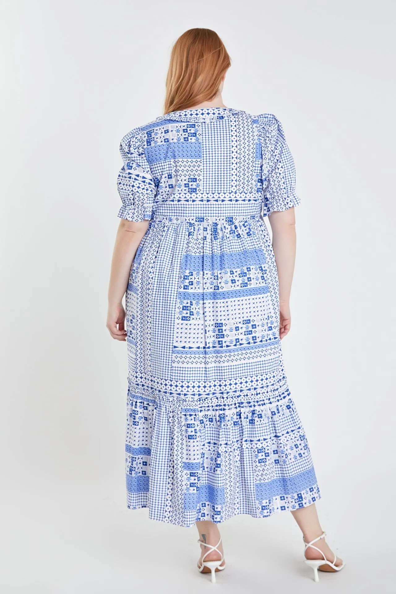 English Factory - Plus Size Geometric Print Tiered Midi Dress