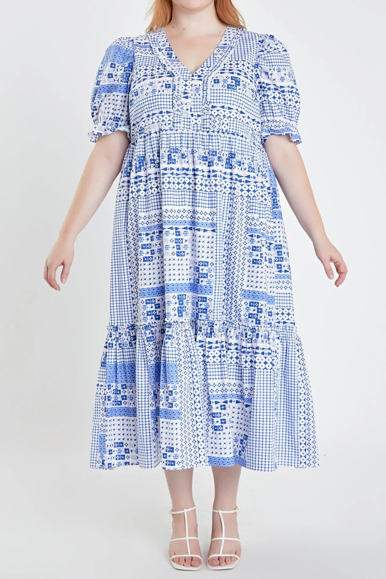 English Factory - Plus Size Geometric Print Tiered Midi Dress