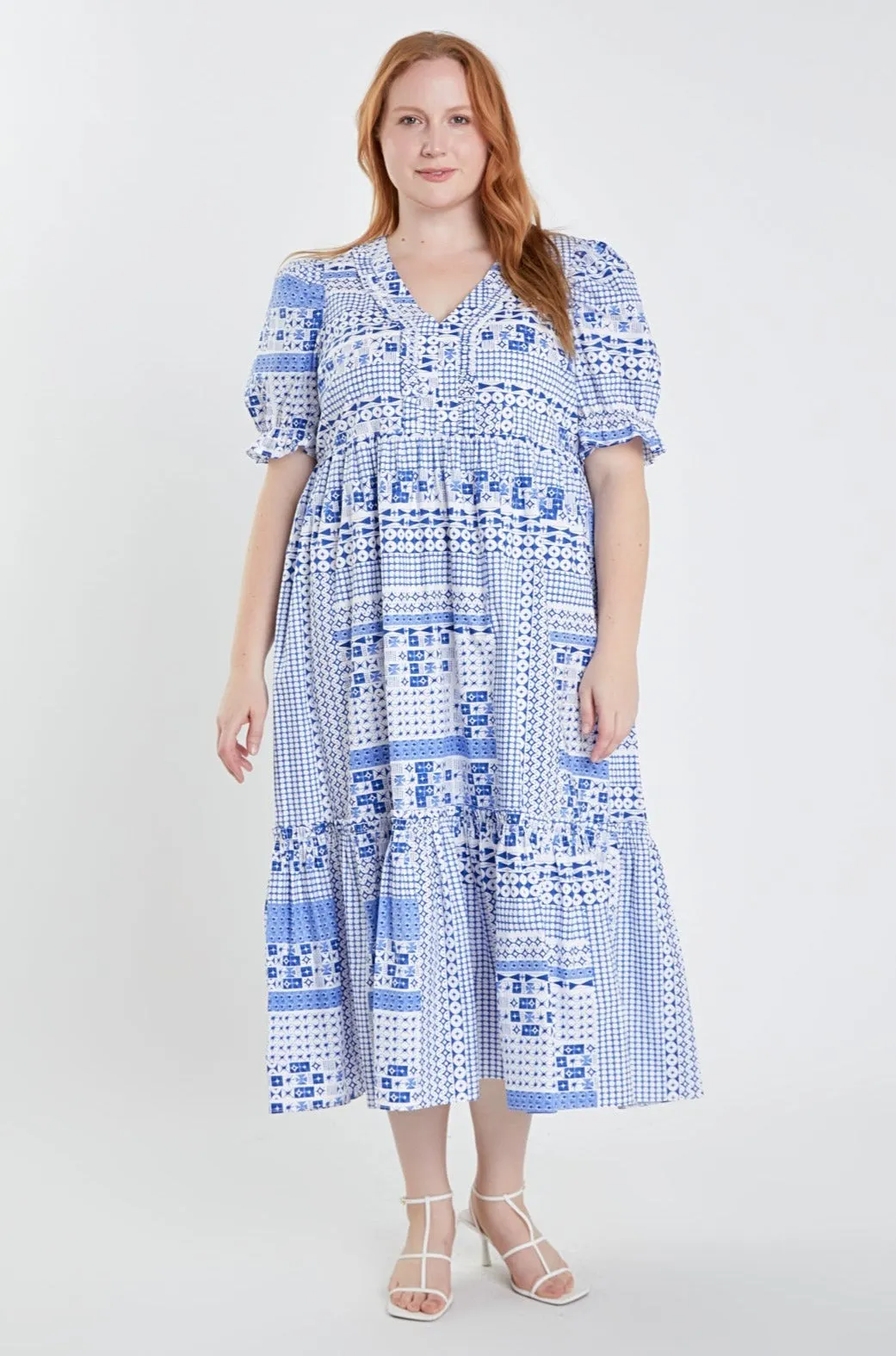 English Factory - Plus Size Geometric Print Tiered Midi Dress