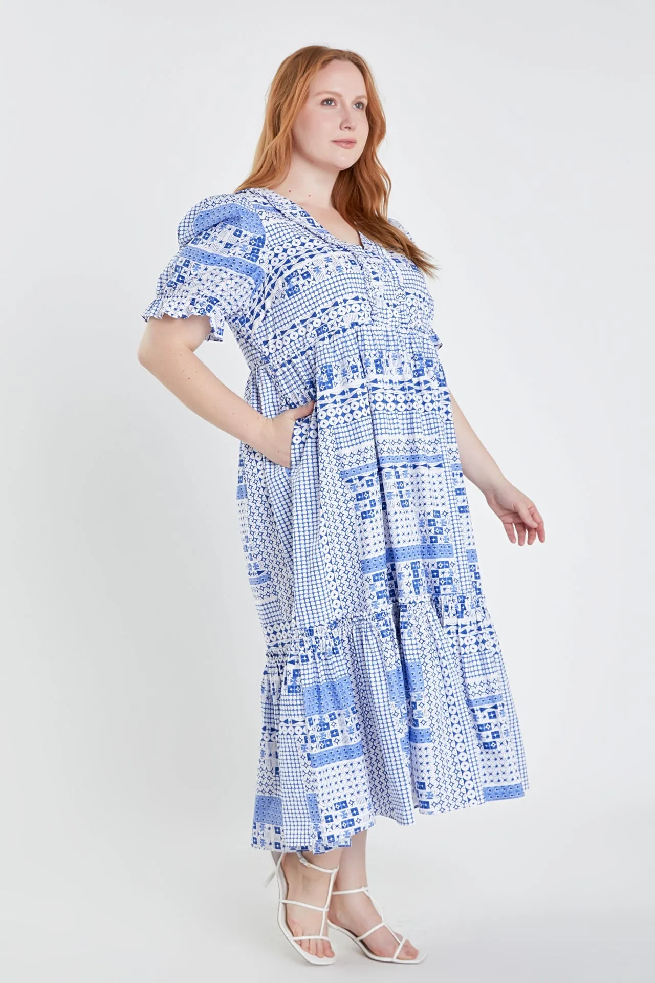 English Factory - Plus Size Geometric Print Tiered Midi Dress