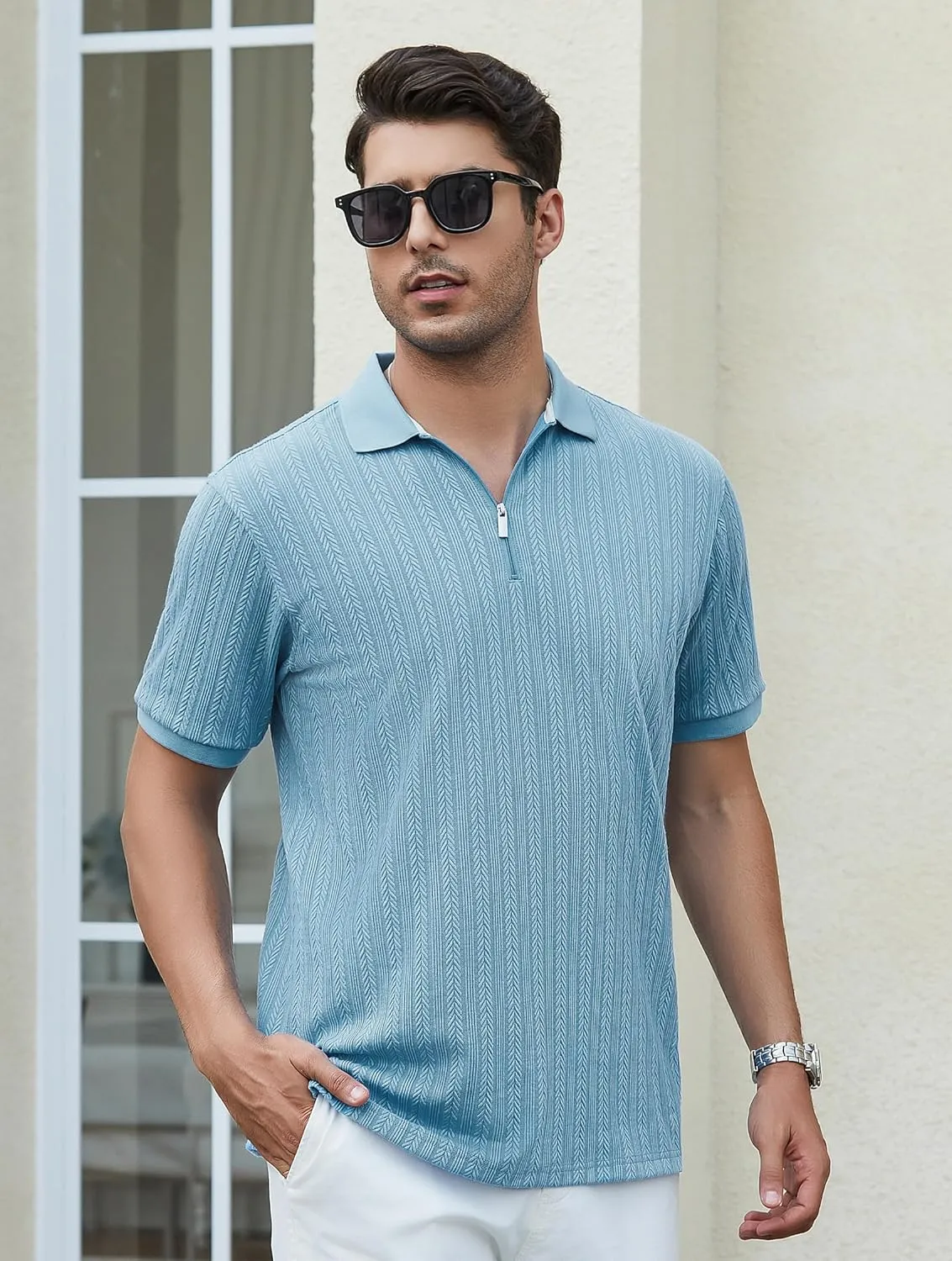Esabel.C Men's Zipper Polo Shirts Textured Knit Short Sleeve Ribbed Stretchy Polo Shirts for Men