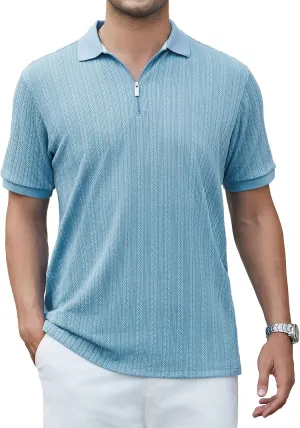 Esabel.C Men's Zipper Polo Shirts Textured Knit Short Sleeve Ribbed Stretchy Polo Shirts for Men