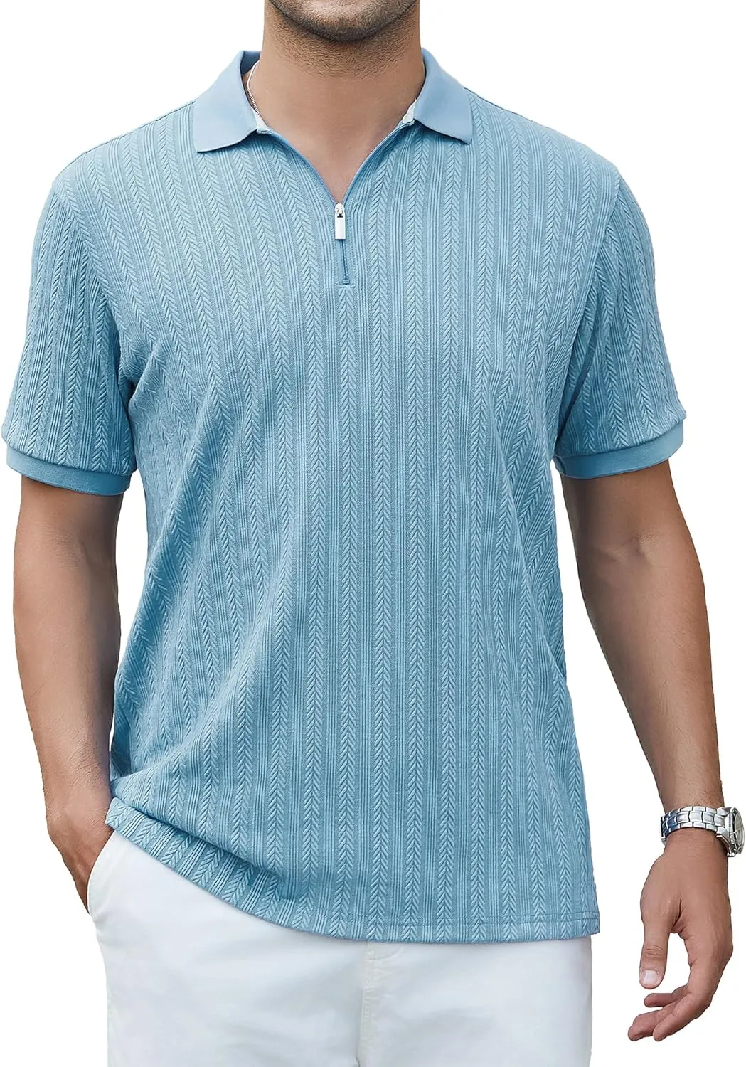 Esabel.C Men's Zipper Polo Shirts Textured Knit Short Sleeve Ribbed Stretchy Polo Shirts for Men