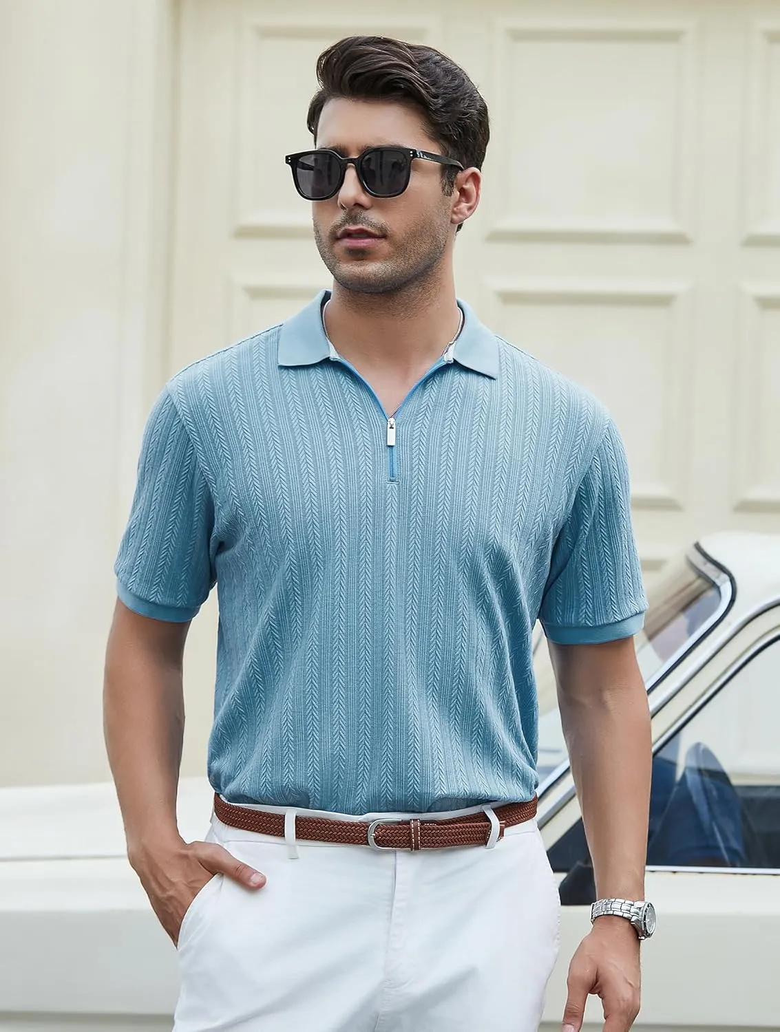 Esabel.C Men's Zipper Polo Shirts Textured Knit Short Sleeve Ribbed Stretchy Polo Shirts for Men