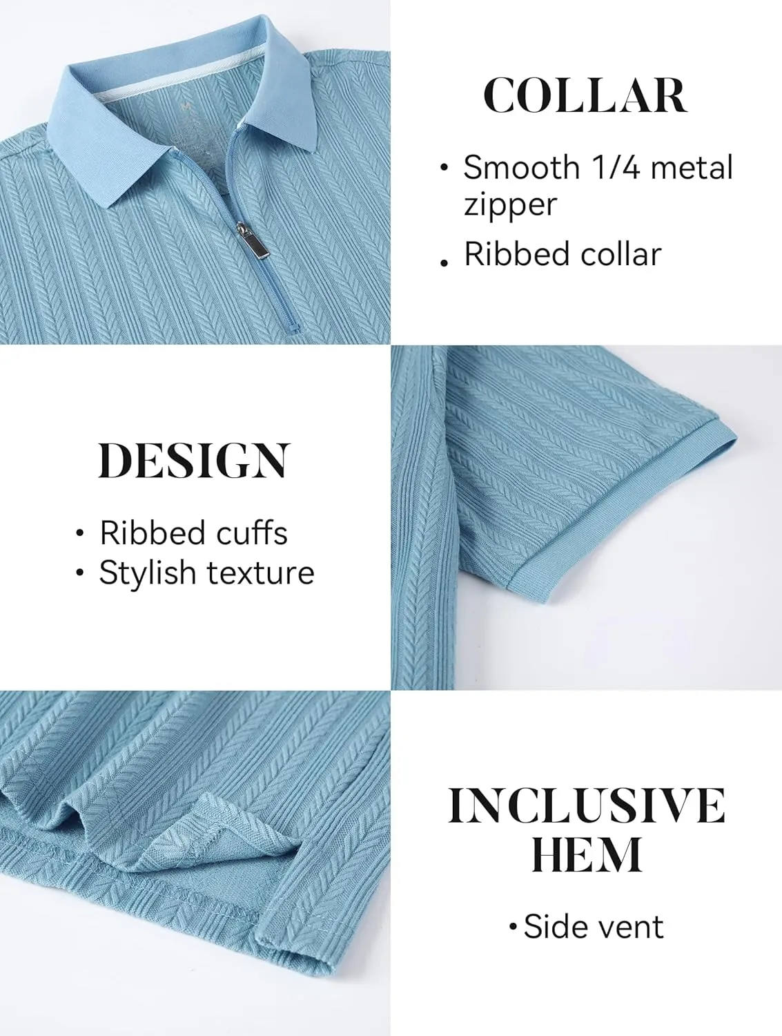 Esabel.C Men's Zipper Polo Shirts Textured Knit Short Sleeve Ribbed Stretchy Polo Shirts for Men
