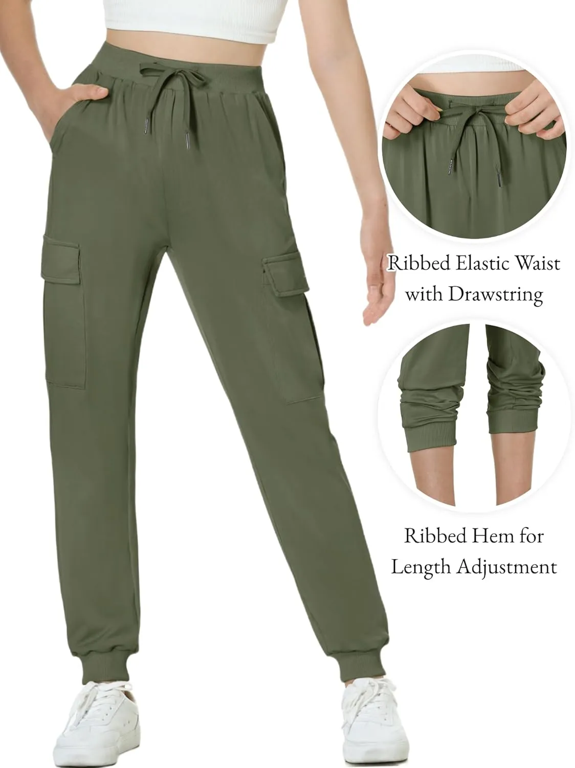 EXARUS Girls Cargo Pants Joggers Slim Fit with Zip Pockets Kids Quick Dry Lightweight Drawstring High Waisted 8-14Y