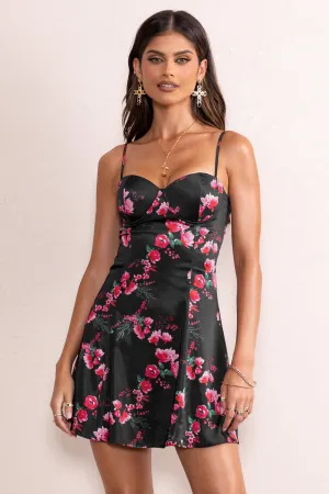 Fern | Black Floral Print Sweetheart Neckline Skater Mini Dress With Cups