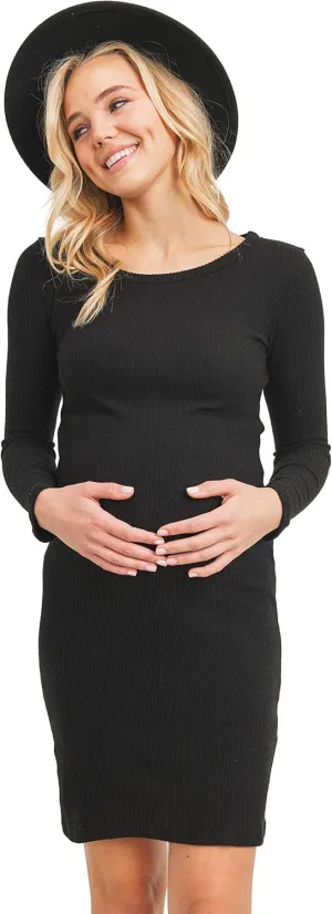 HELLO MIZ Women's Knit Ribbed Maternity Dress with Long Sleeve