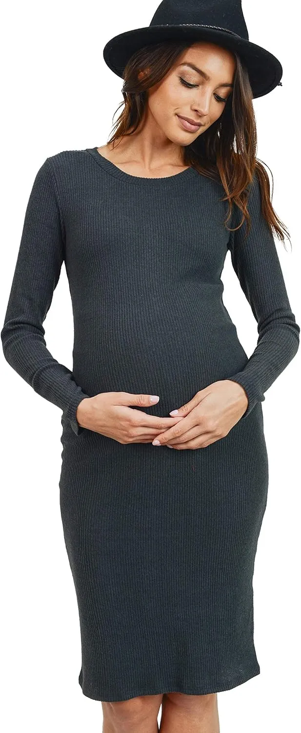 HELLO MIZ Women's Knit Ribbed Maternity Dress with Long Sleeve