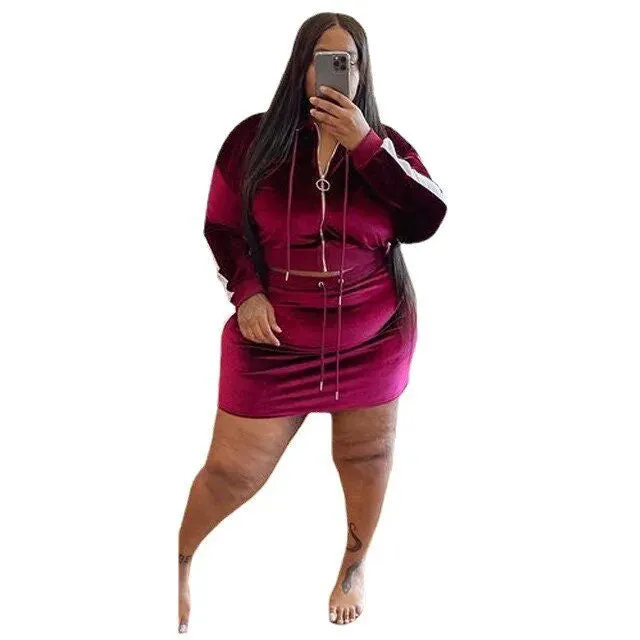 Hooded Plus Size 2Pcs Velvet Mini Skirt Outfits