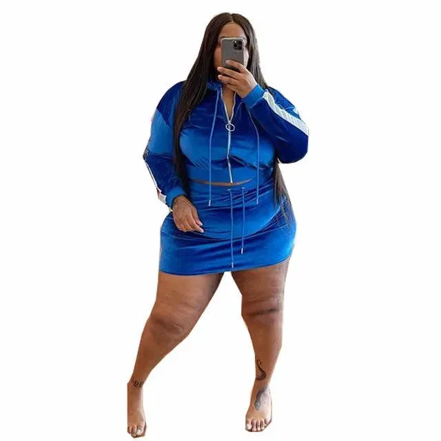 Hooded Plus Size 2Pcs Velvet Mini Skirt Outfits