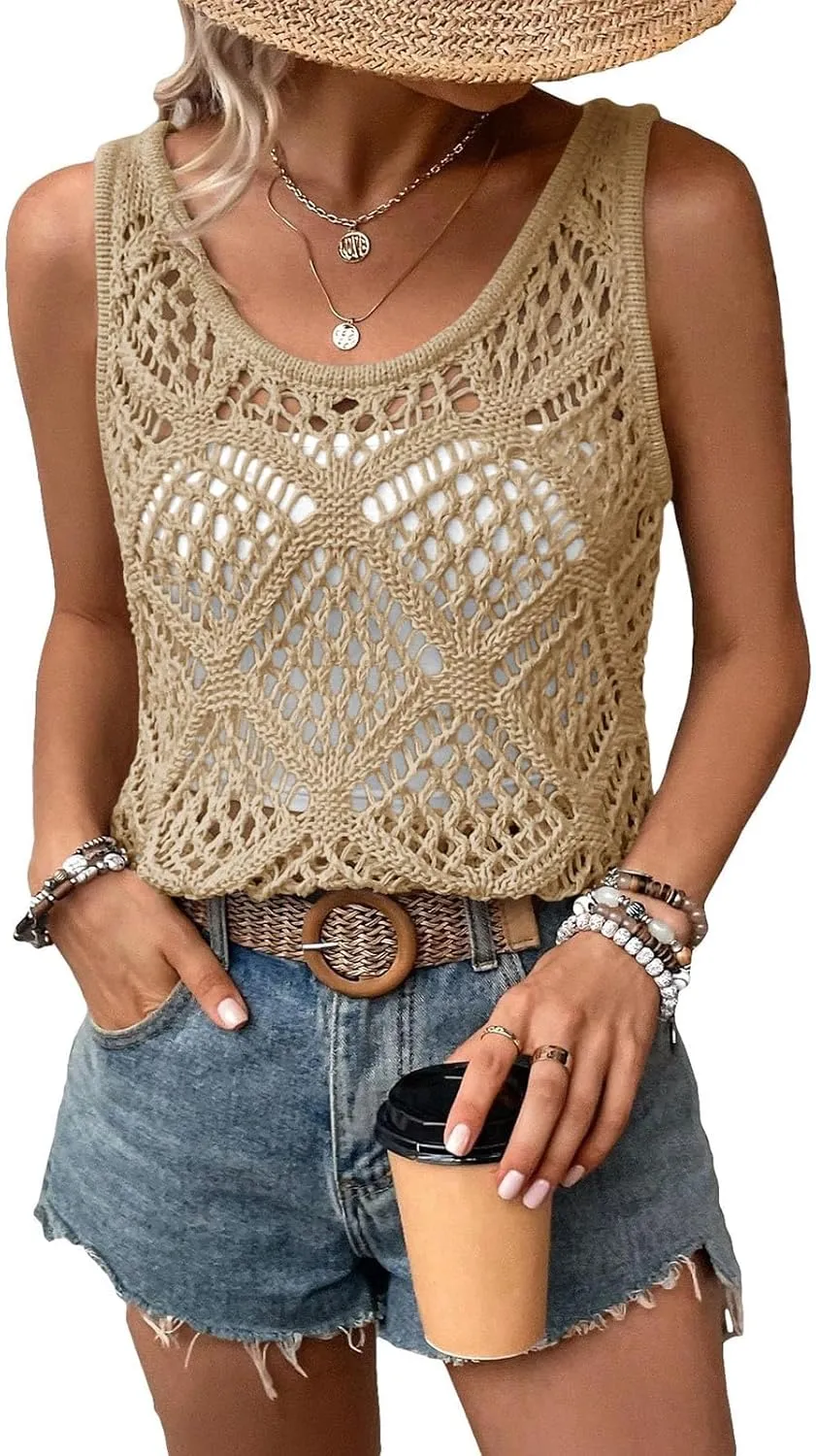 Imily Bela Womens Summer Crochet Tank Tops Knit Sleeveless Scoop Neck Sweater Vest Boho Hollow Out Cover Ups