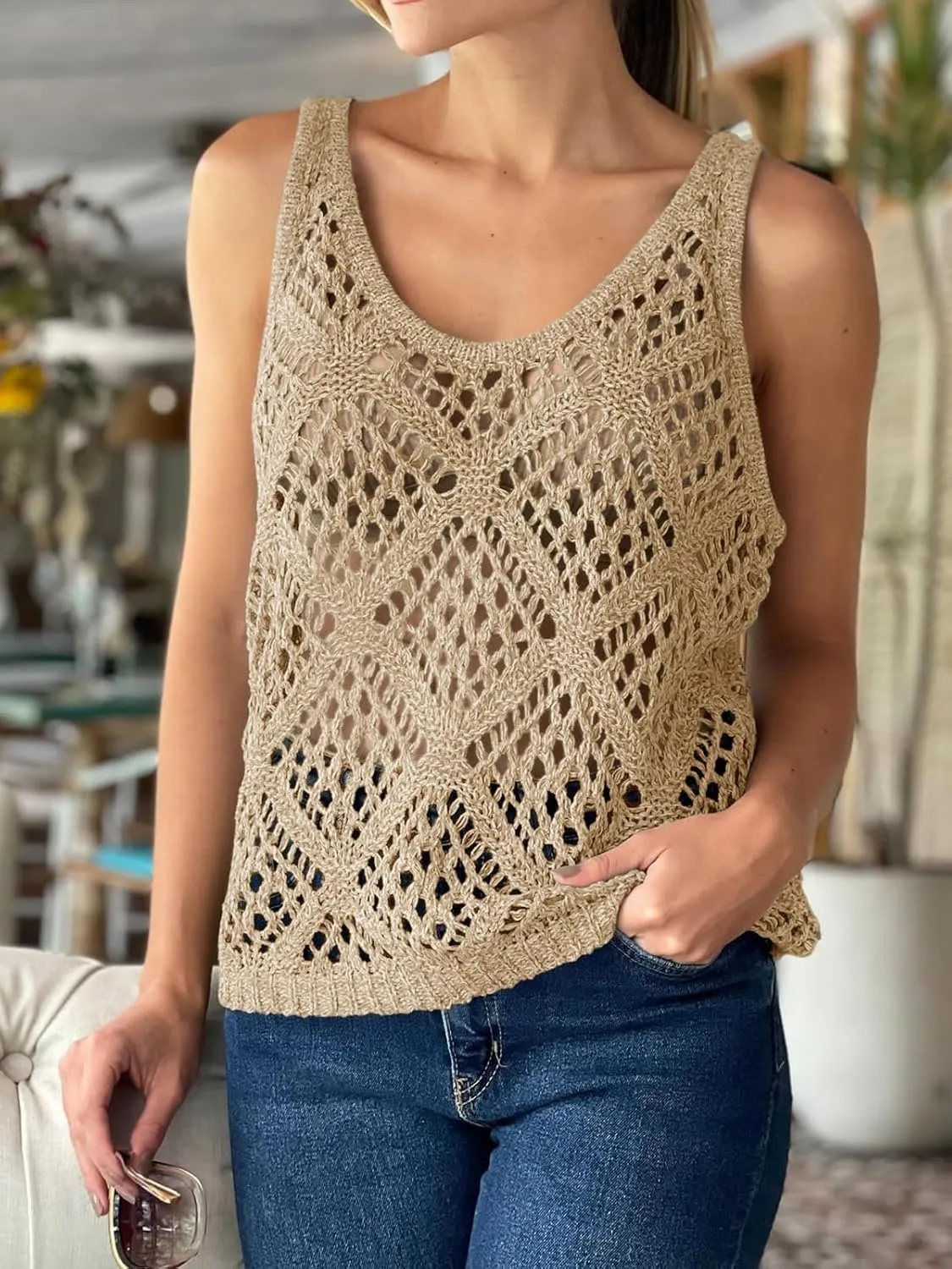 Imily Bela Womens Summer Crochet Tank Tops Knit Sleeveless Scoop Neck Sweater Vest Boho Hollow Out Cover Ups