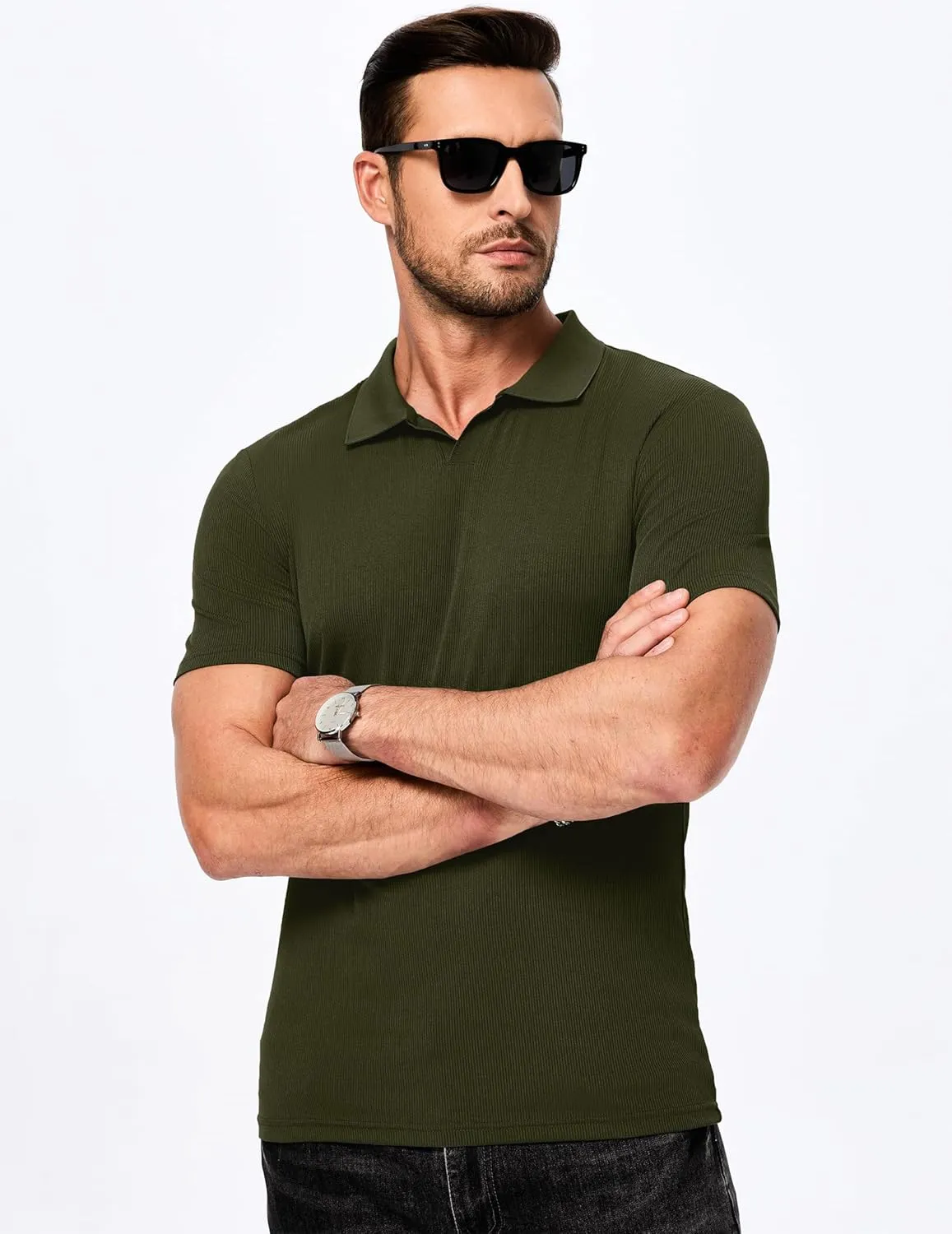 JMIERR Men's Muscle V Neck Polo Shirts Casual Short Sleeve Slim Fit Ribbed Golf T Shirt Athletic Tee
