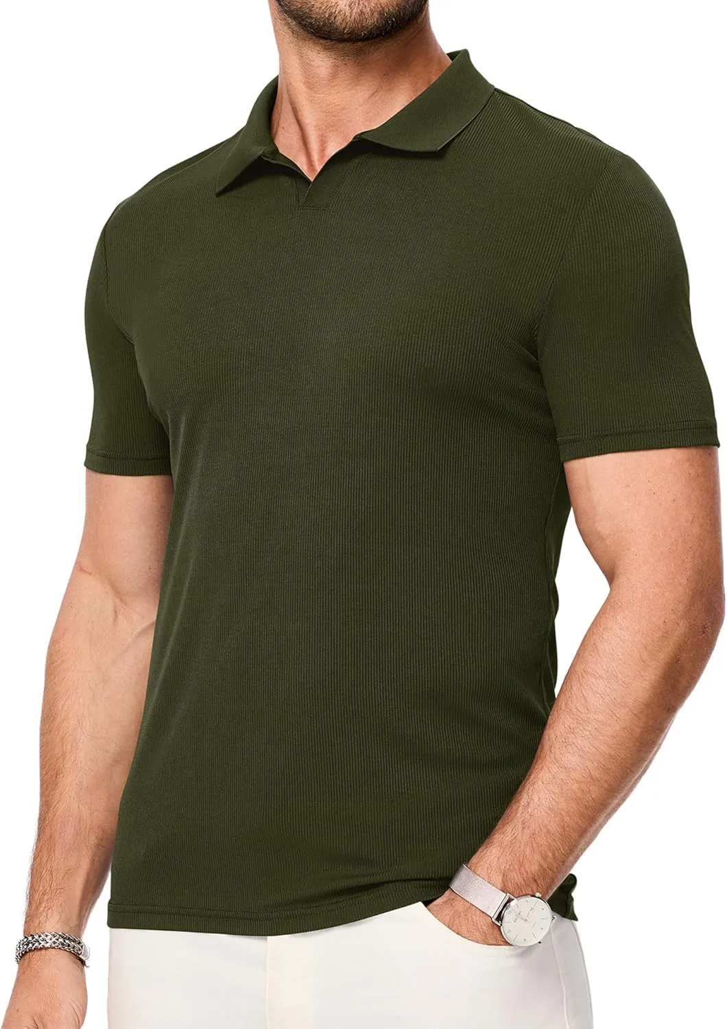 JMIERR Men's Muscle V Neck Polo Shirts Casual Short Sleeve Slim Fit Ribbed Golf T Shirt Athletic Tee