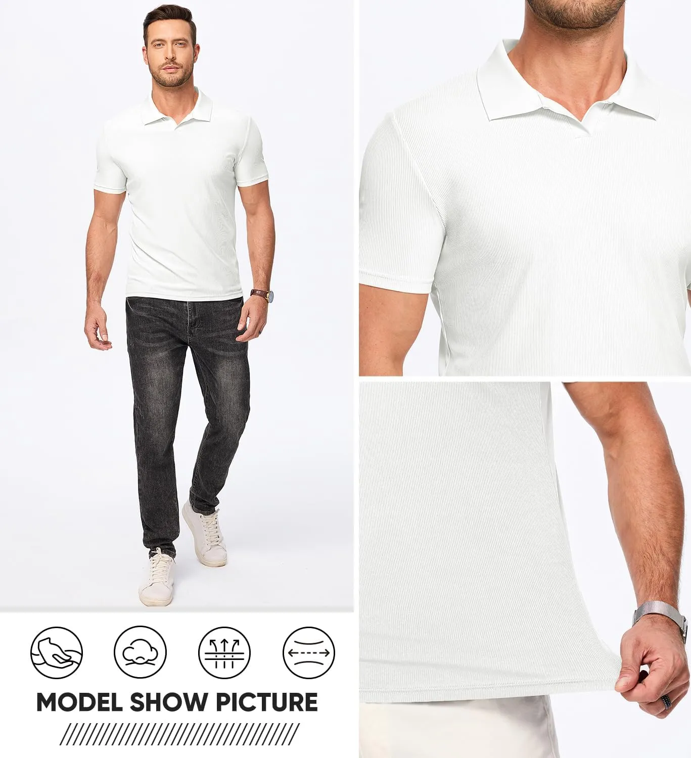 JMIERR Men's Muscle V Neck Polo Shirts Casual Short Sleeve Slim Fit Ribbed Golf T Shirt Athletic Tee
