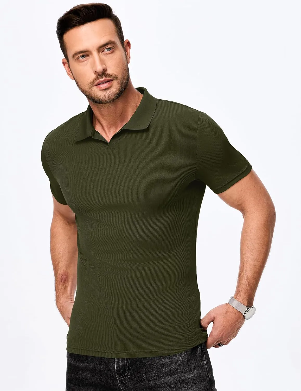 JMIERR Men's Muscle V Neck Polo Shirts Casual Short Sleeve Slim Fit Ribbed Golf T Shirt Athletic Tee