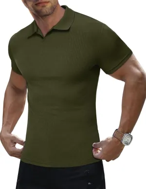 JMIERR Men's Muscle V Neck Polo Shirts Casual Short Sleeve Slim Fit Ribbed Golf T Shirt Athletic Tee