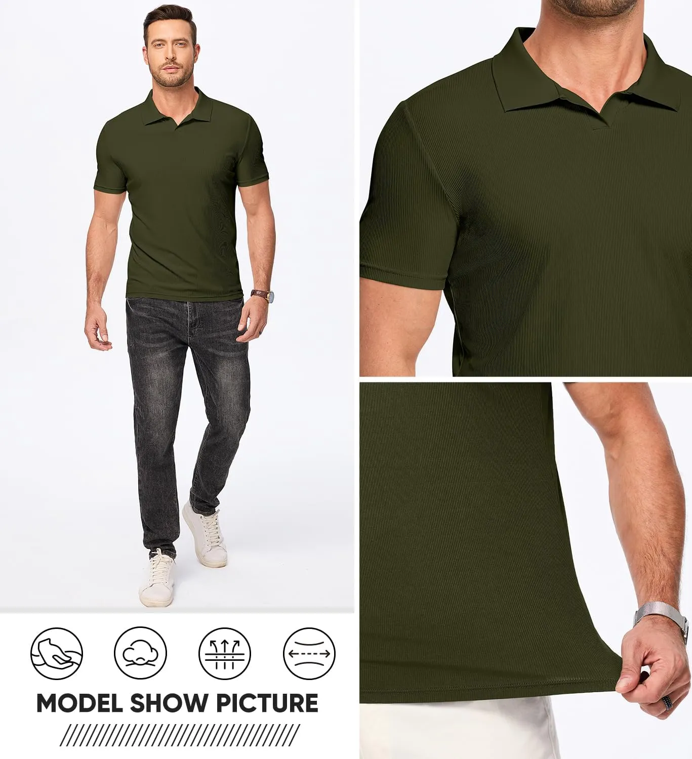JMIERR Men's Muscle V Neck Polo Shirts Casual Short Sleeve Slim Fit Ribbed Golf T Shirt Athletic Tee