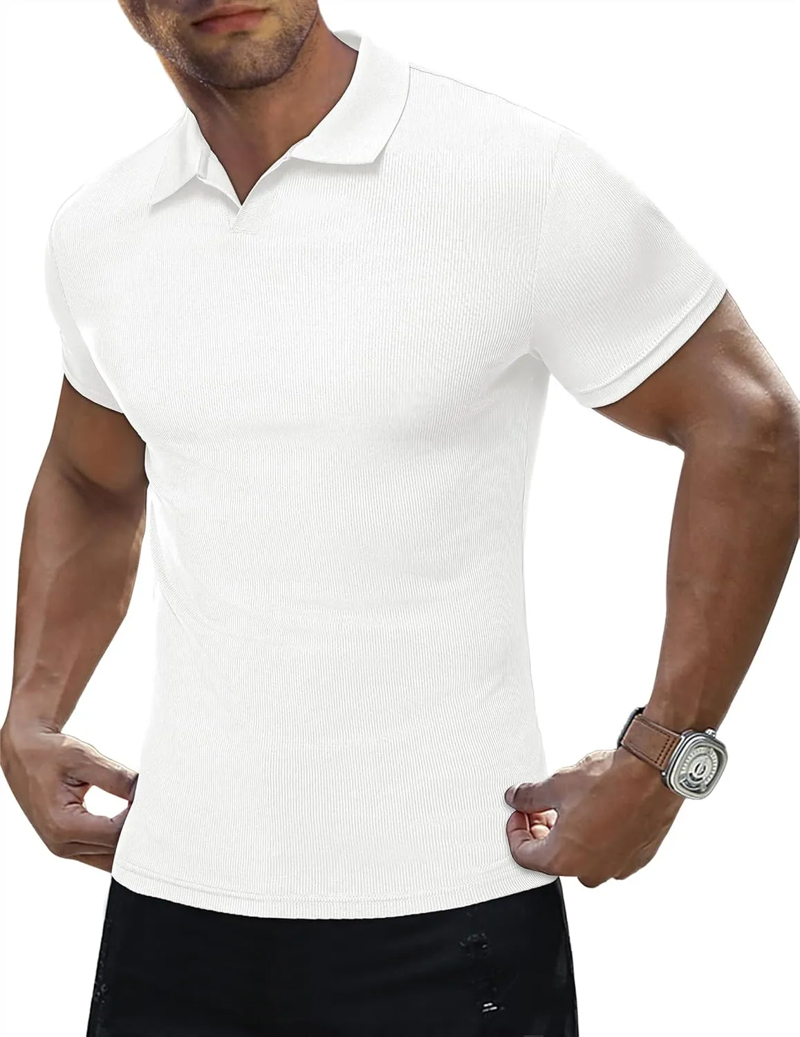 JMIERR Men's Muscle V Neck Polo Shirts Casual Short Sleeve Slim Fit Ribbed Golf T Shirt Athletic Tee