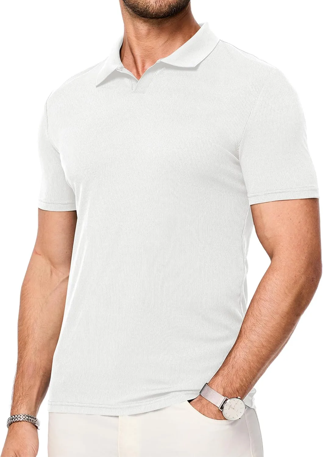 JMIERR Men's Muscle V Neck Polo Shirts Casual Short Sleeve Slim Fit Ribbed Golf T Shirt Athletic Tee
