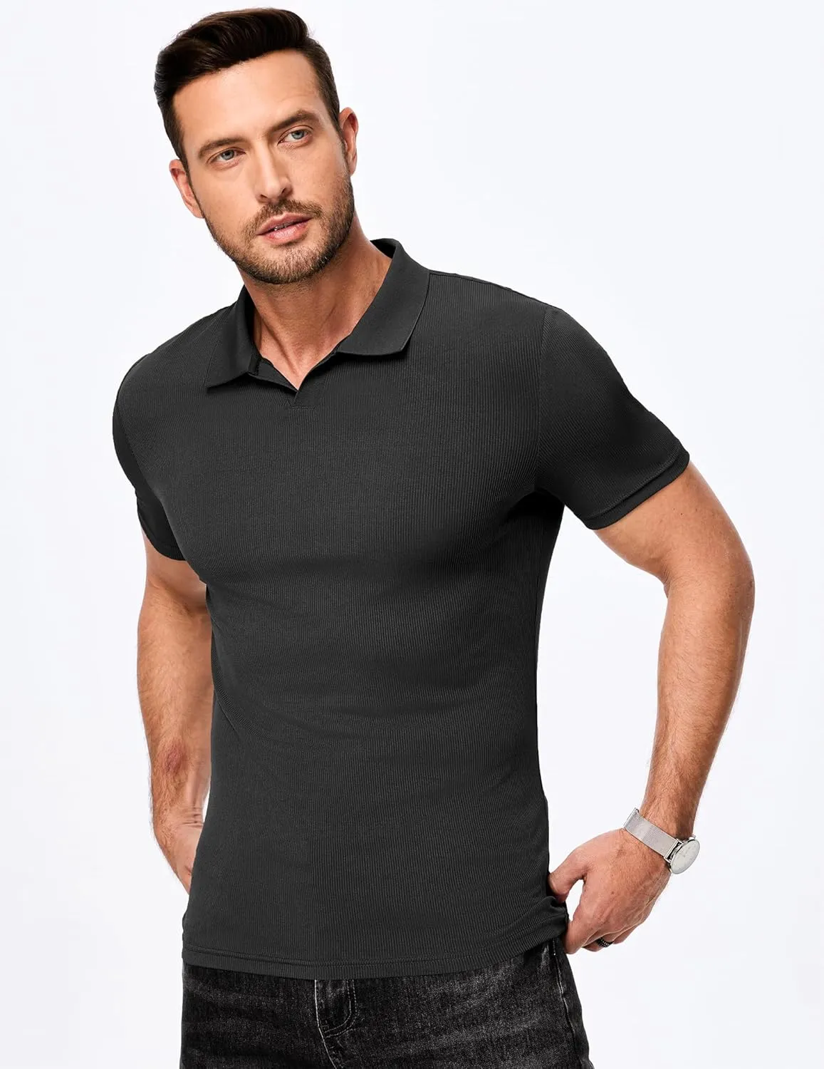 JMIERR Men's Muscle V Neck Polo Shirts Casual Short Sleeve Slim Fit Ribbed Golf T Shirt Athletic Tee