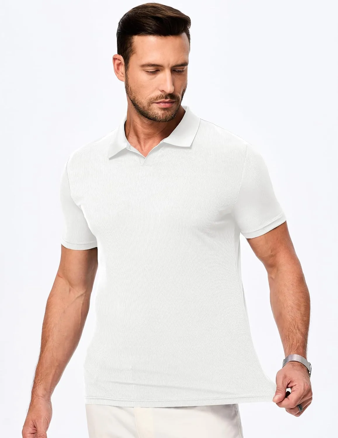JMIERR Men's Muscle V Neck Polo Shirts Casual Short Sleeve Slim Fit Ribbed Golf T Shirt Athletic Tee