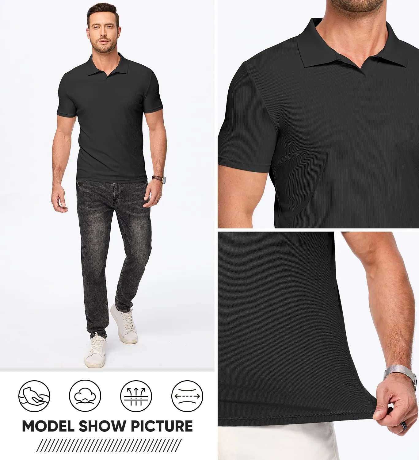 JMIERR Men's Muscle V Neck Polo Shirts Casual Short Sleeve Slim Fit Ribbed Golf T Shirt Athletic Tee