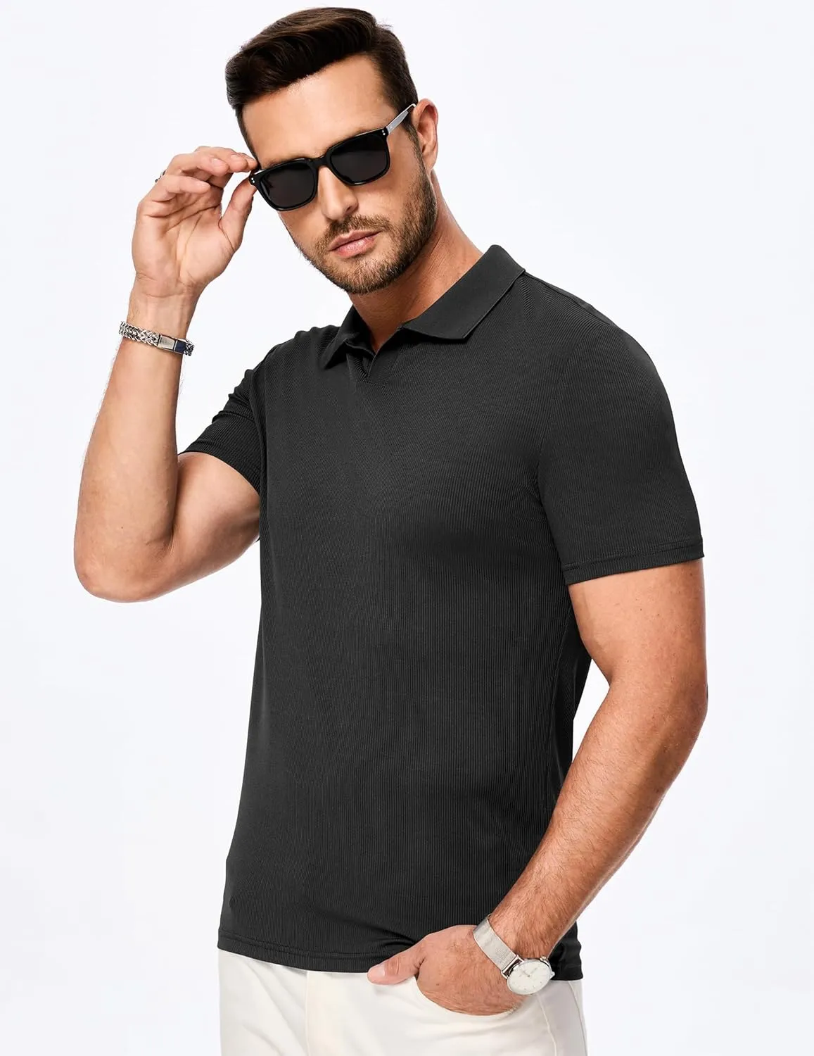 JMIERR Men's Muscle V Neck Polo Shirts Casual Short Sleeve Slim Fit Ribbed Golf T Shirt Athletic Tee