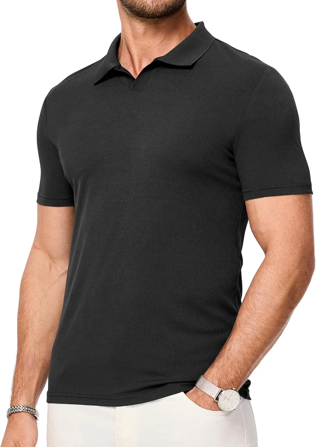 JMIERR Men's Muscle V Neck Polo Shirts Casual Short Sleeve Slim Fit Ribbed Golf T Shirt Athletic Tee