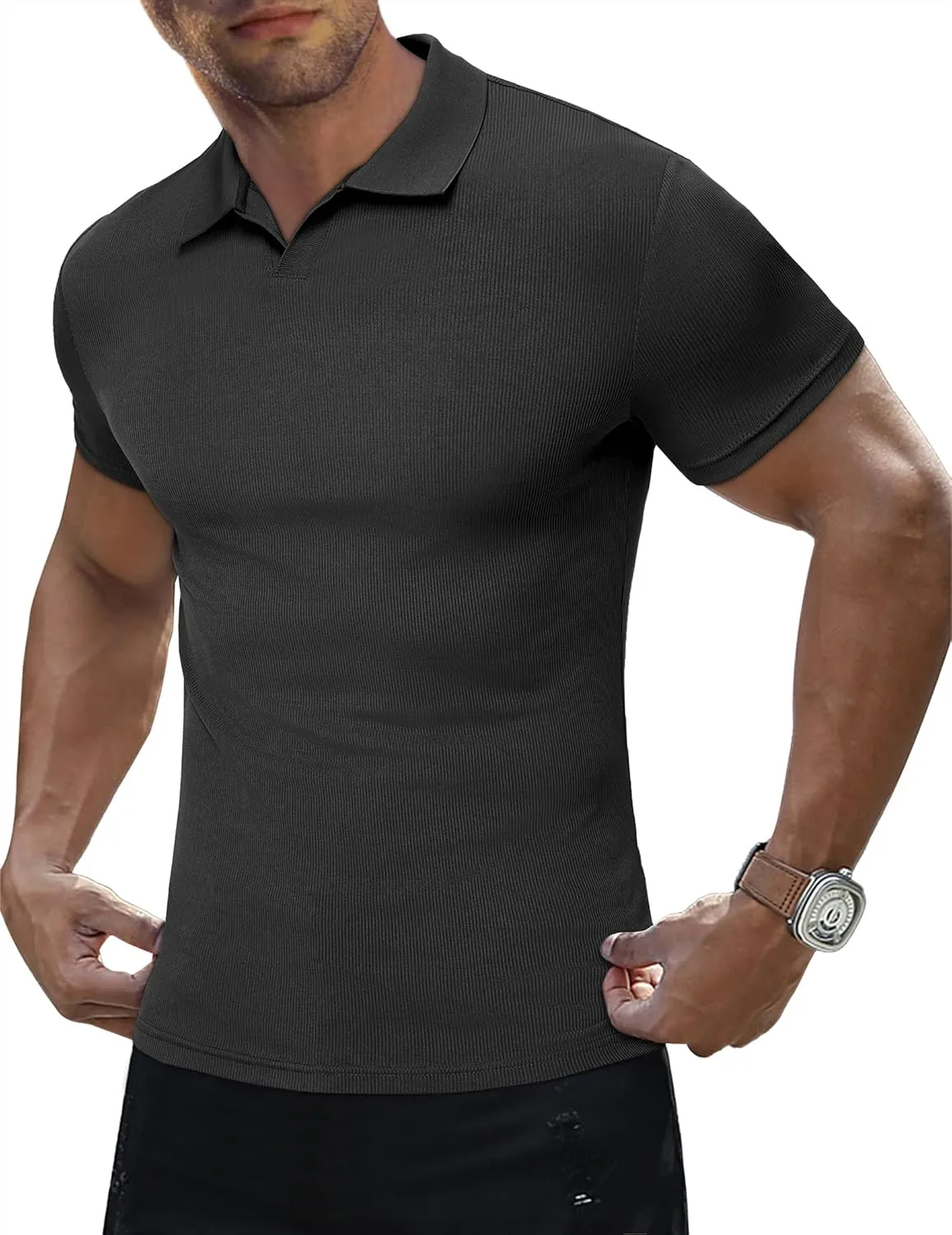 JMIERR Men's Muscle V Neck Polo Shirts Casual Short Sleeve Slim Fit Ribbed Golf T Shirt Athletic Tee