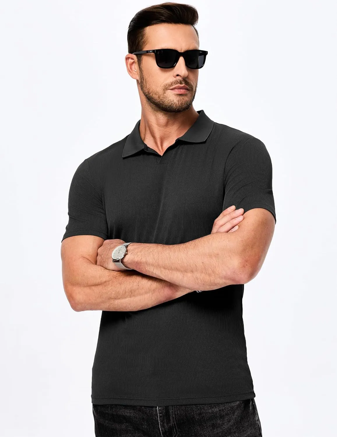 JMIERR Men's Muscle V Neck Polo Shirts Casual Short Sleeve Slim Fit Ribbed Golf T Shirt Athletic Tee