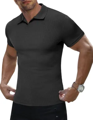 JMIERR Men's Muscle V Neck Polo Shirts Casual Short Sleeve Slim Fit Ribbed Golf T Shirt Athletic Tee
