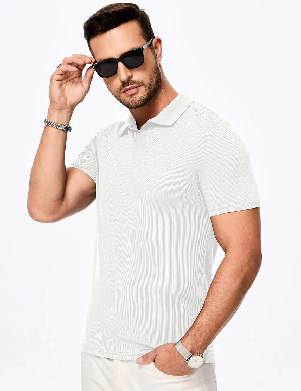 JMIERR Men's Muscle V Neck Polo Shirts Casual Short Sleeve Slim Fit Ribbed Golf T Shirt Athletic Tee