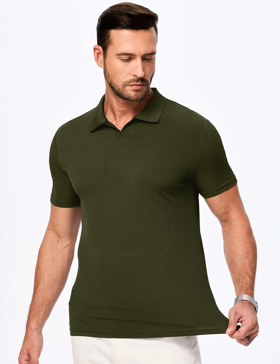JMIERR Men's Muscle V Neck Polo Shirts Casual Short Sleeve Slim Fit Ribbed Golf T Shirt Athletic Tee