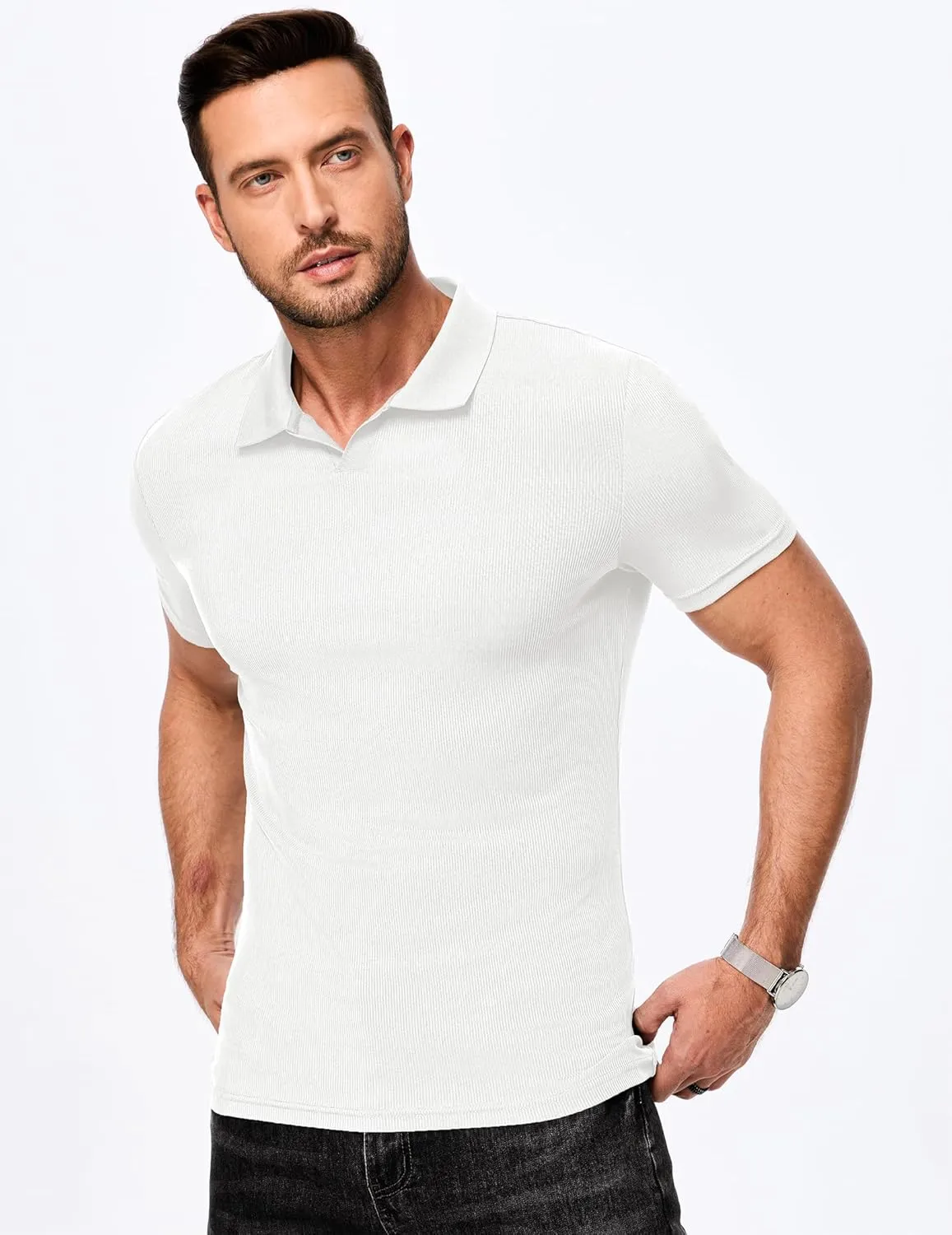 JMIERR Men's Muscle V Neck Polo Shirts Casual Short Sleeve Slim Fit Ribbed Golf T Shirt Athletic Tee
