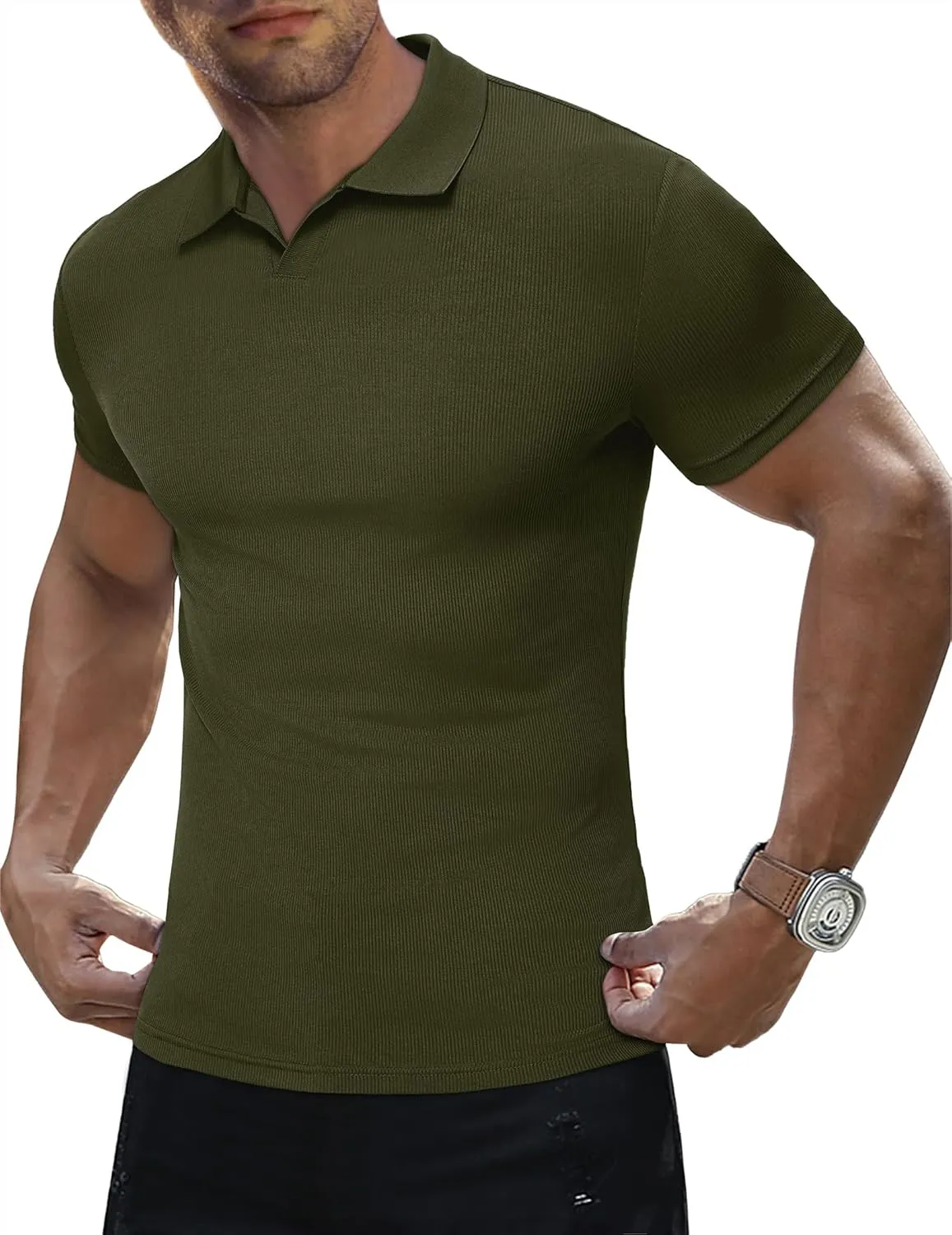 JMIERR Men's Muscle V Neck Polo Shirts Casual Short Sleeve Slim Fit Ribbed Golf T Shirt Athletic Tee