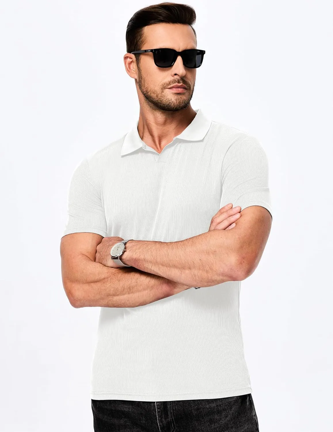 JMIERR Men's Muscle V Neck Polo Shirts Casual Short Sleeve Slim Fit Ribbed Golf T Shirt Athletic Tee