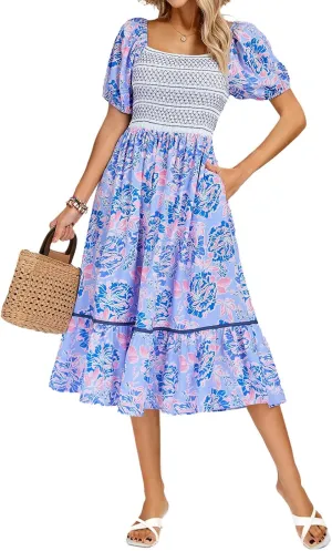 Kate Kasin Women's Summer Floral Boho Dresses Casual Square Neck Smocked Flowy Tiered Beach Midi Dress with Pockets